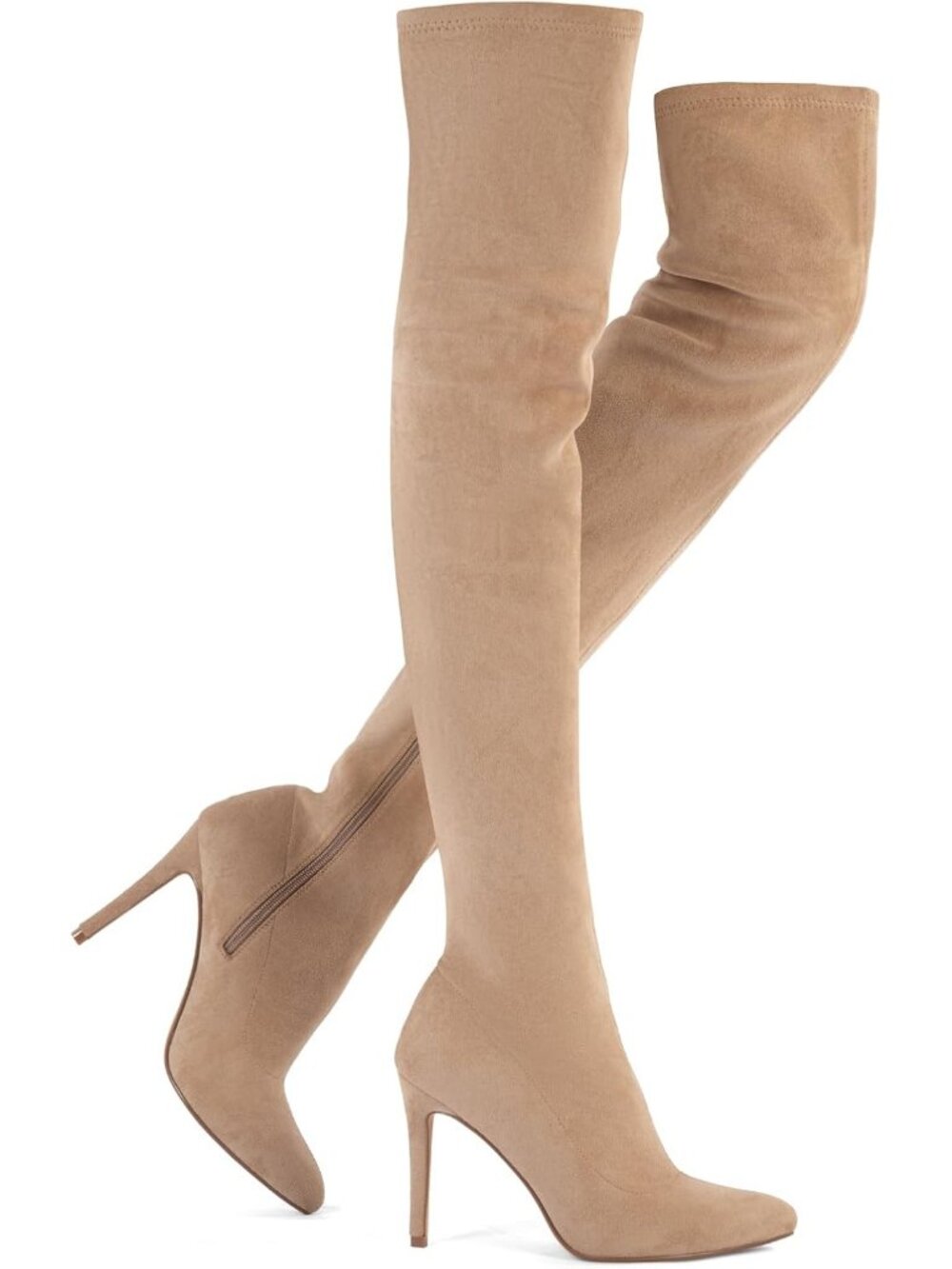 Women's Khaki Suede Stiletto Heel Side Zipper Over The Knee Pointed Toe Boots
